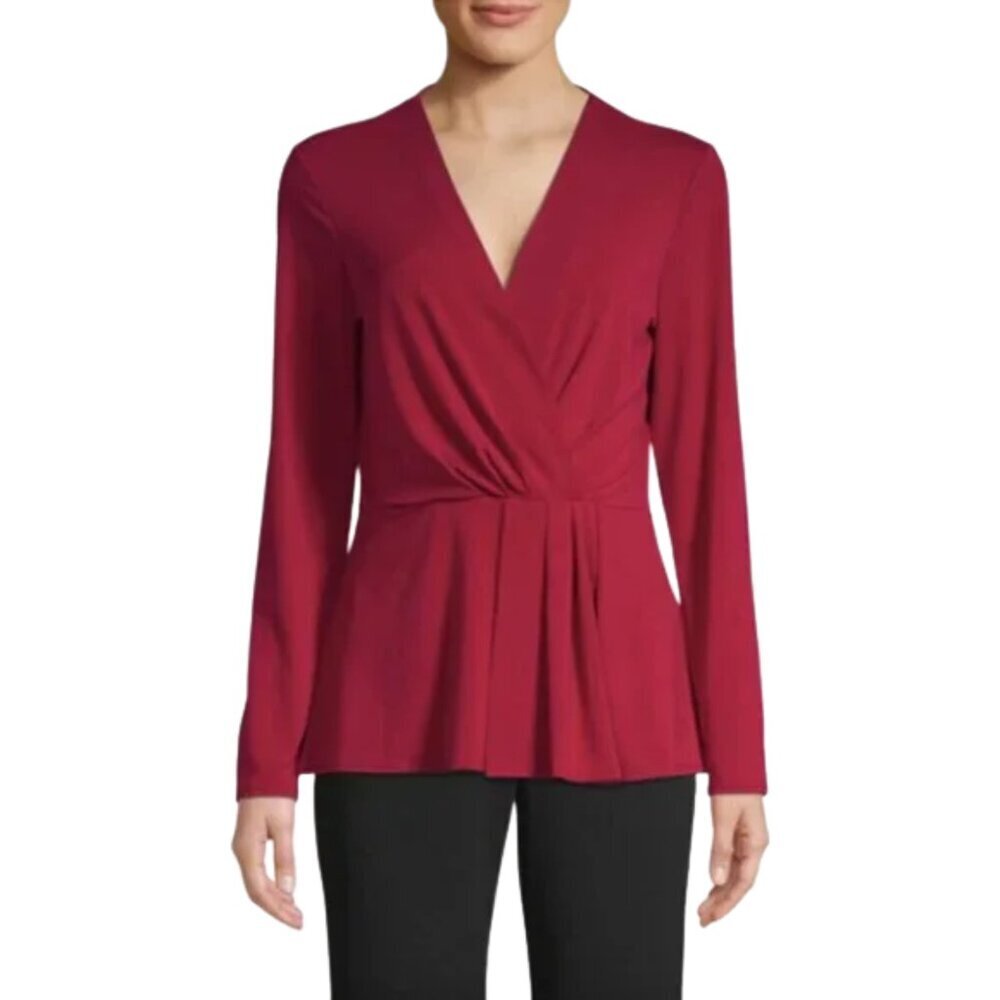 NEW H Halston Plunge Faux Wrap Red Long Sleeve Top Sz. S